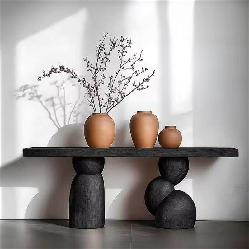 Black Solid Wood Console Table, 39 Inch Wabi Sabi Entryway Table with Sculptural Pedestal Base, Narrow Hallway Sofa Table for Foyer, Corridor, Living Room, Modern Accent Decor