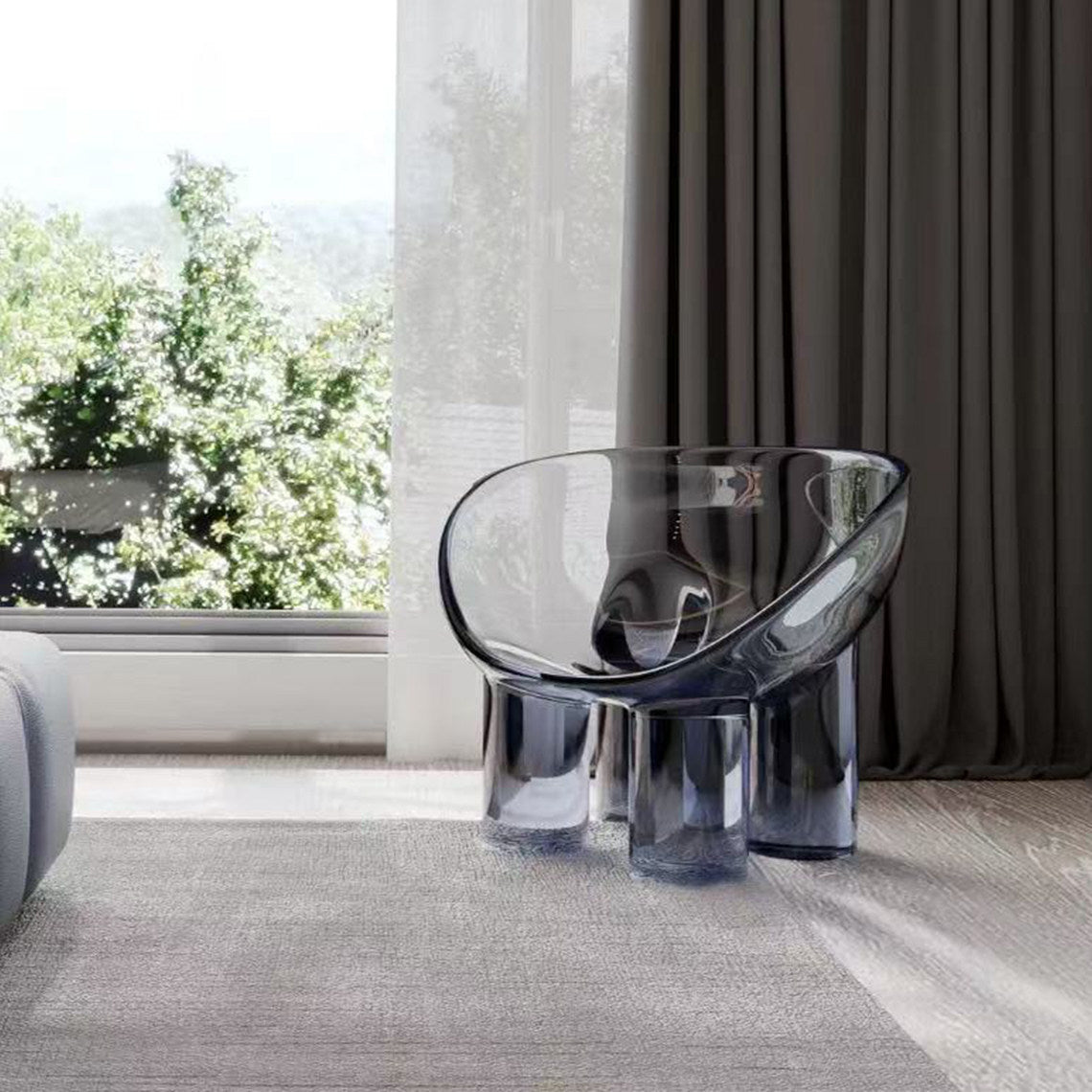 Transparent Green Resin Lounge Chair, Sculptural Bowl Accent Armchair with Four Chunky Cylindrical Legs, Modern Low Statement Seat for Living Room, Bedroom and Reading Corner