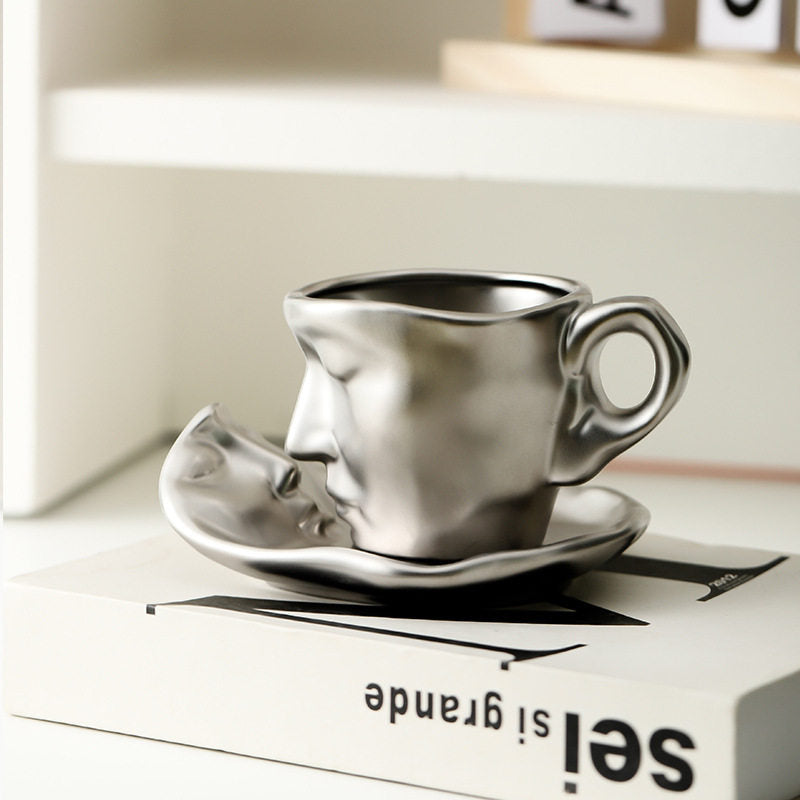 Face Coffee Mug and Saucer Set, 8.8 oz Ceramic Cup with Spoon, Silver