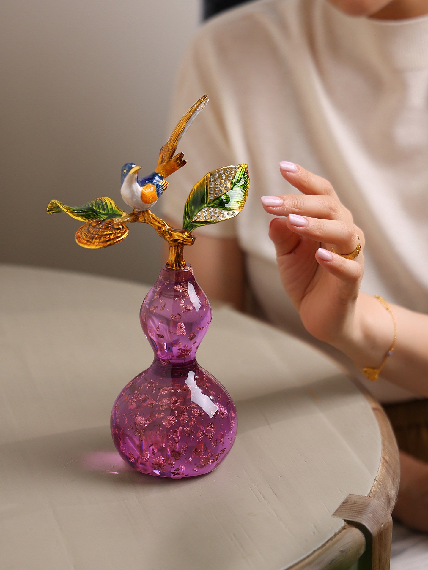 Purple Glass Gourd Bird Figurine with Enameled Leaves, Table Decor
