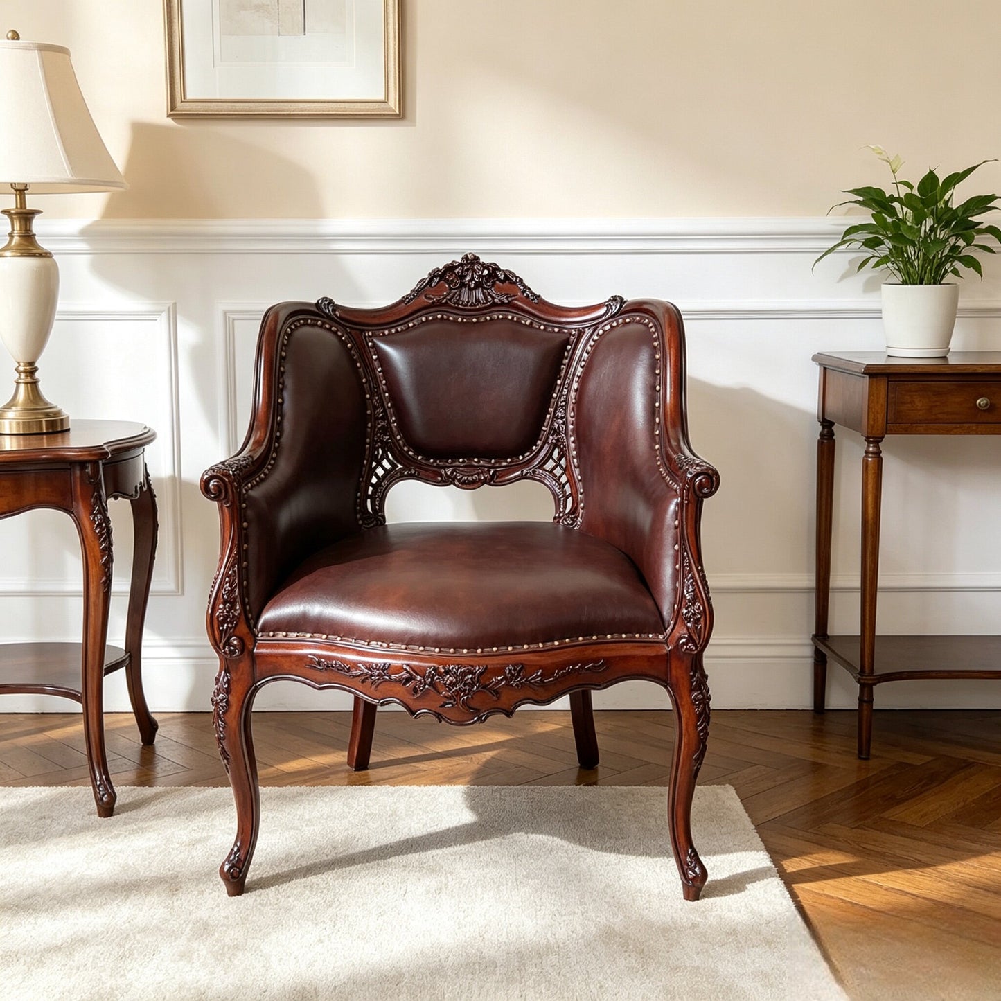Brown Leather Accent Chair with Carved Solid Wood Frame, 29.5 Inch