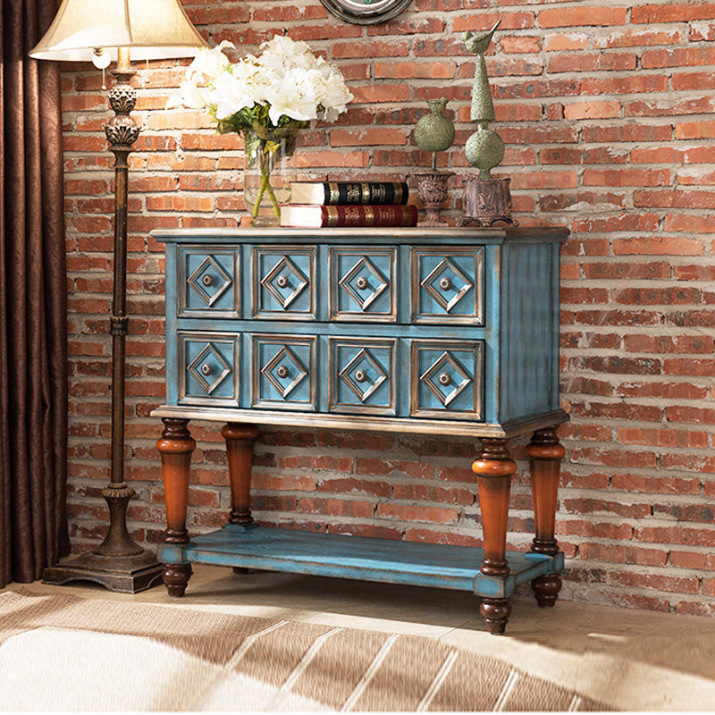 Distressed Blue Wood Console Cabinet with 8 Drawers and Lower Storage Shelf