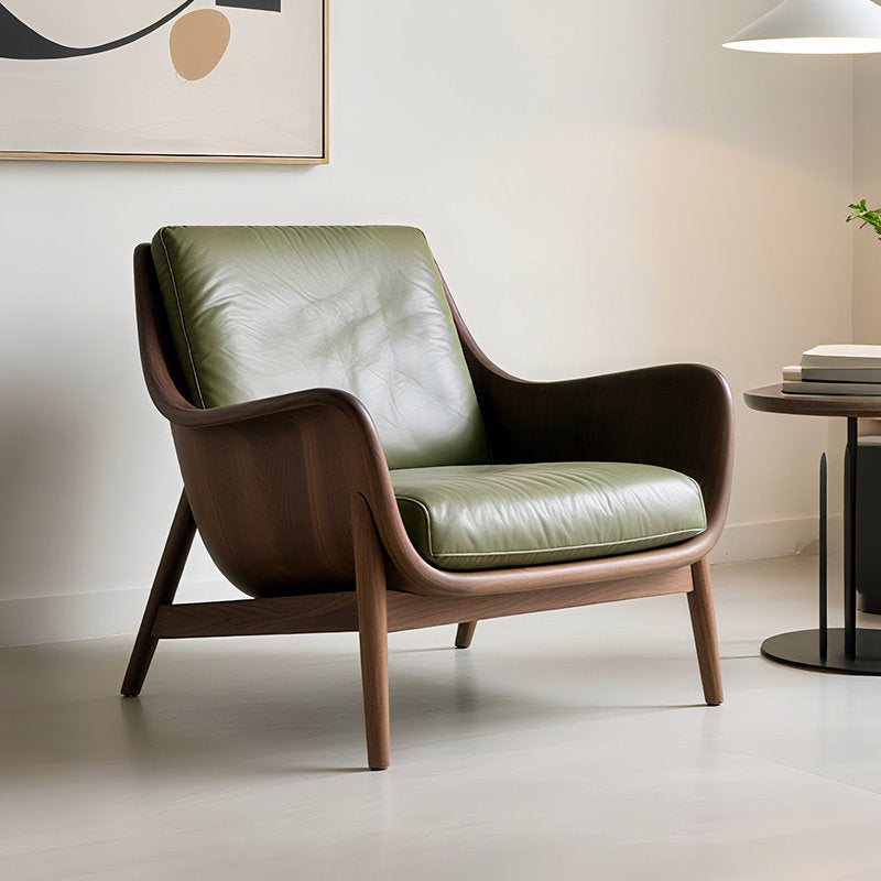Black Walnut Wood Accent Chair with Olive Green Leather Cushion, Modern Lounge Armchair for Living Room, Bedroom, Reading Nook, Office and Hotel Reception