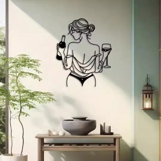 Black Metal Female Silhouette Wall Art, Minimalist Woman with Wine Bottle and Glass Line Art Wall Decor, Modern Metal Wall Hanging for Bedroom, Living Room, Dining Room, Bar