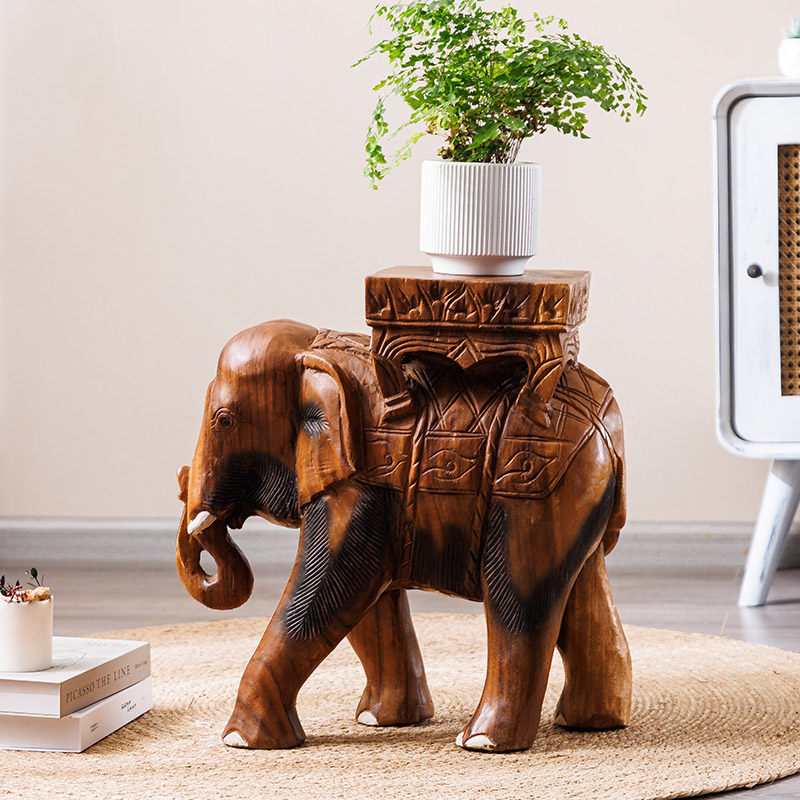 Hand Carved Elephant Stool, Solid Wood Animal Side Table with Square Seat, Rustic Entryway Shoe Bench, Plant Stand, Footstool, and Decorative Accent for Living Room, Bedroom, Porch, and Home Decor