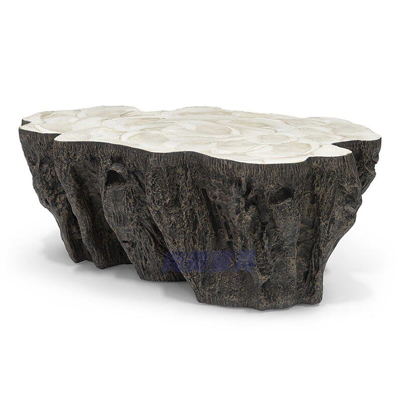 Brown Faux Fossil Coffee Table, Fiberglass Tree Stump Style Cocktail Table for Living Room, Lobby, Model Home and Sculptural Interior Décor