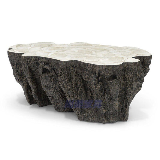 Brown Faux Fossil Coffee Table, Fiberglass Tree Stump Style Cocktail Table for Living Room, Lobby, Model Home and Sculptural Interior Décor