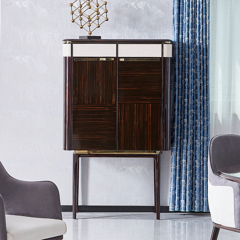 Tall 2-Door Bar Cabinet with Drawers, Dark Wood Finish and Gold Accents
