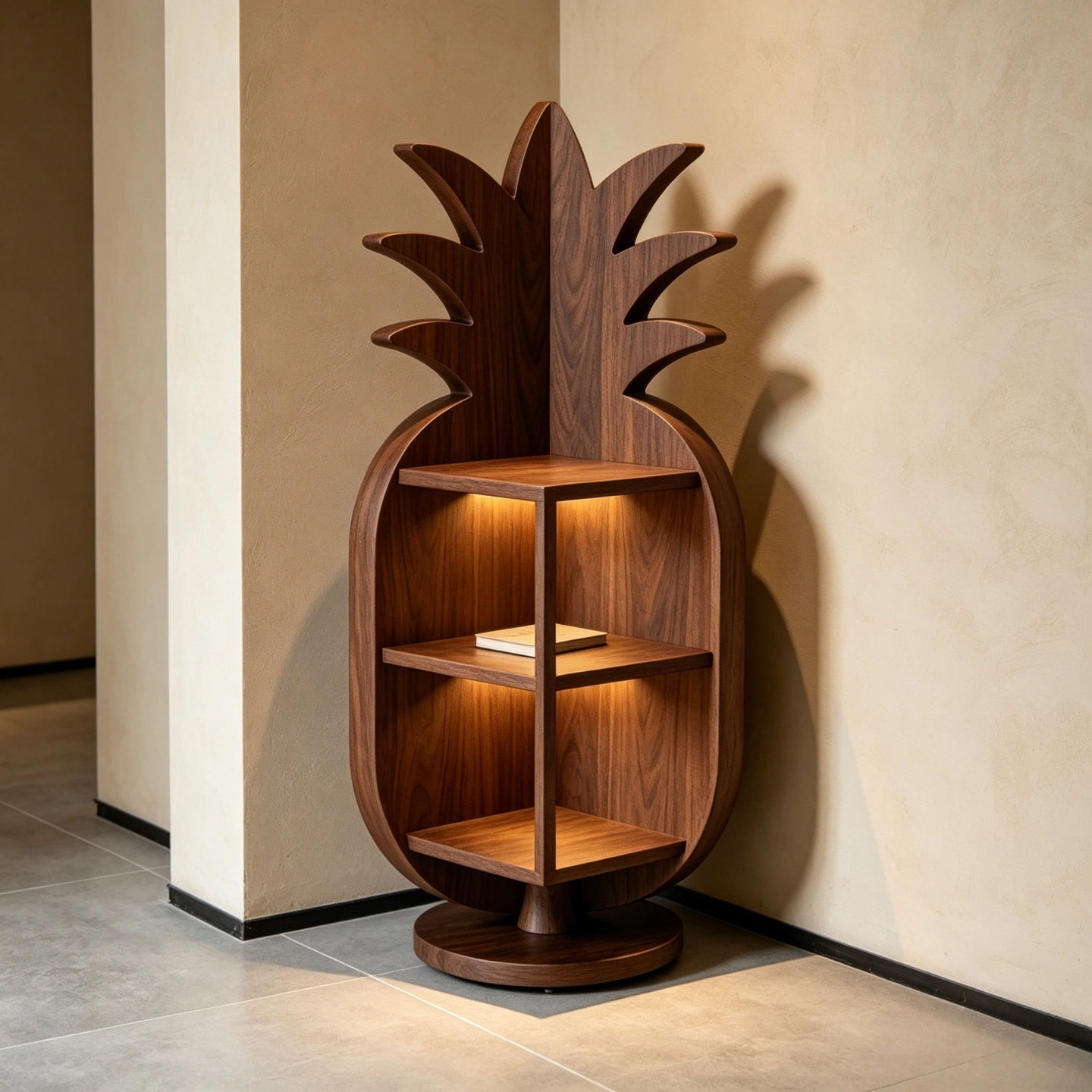 Pineapple Corner Shelf with LED Lighting, Ash Wood Display Storage Cabinet