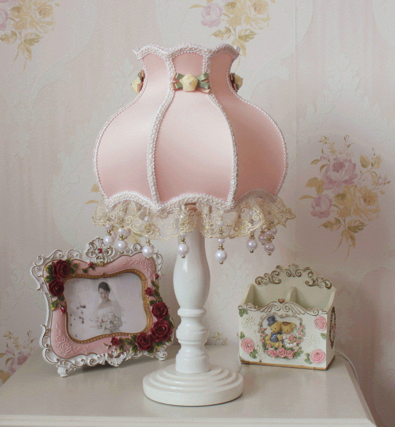 Pink Lace Table Lamp with White Wood Base, Fabric Shade and Button Switch