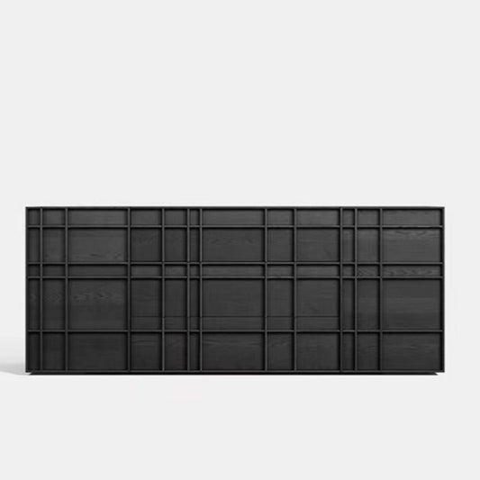 Black Oak Sideboard Buffet Cabinet, Modern Grid Front Storage Credenza with Geometric Panel Doors, Long Entryway Cabinet for Dining Room, Living Room and TV Console Use