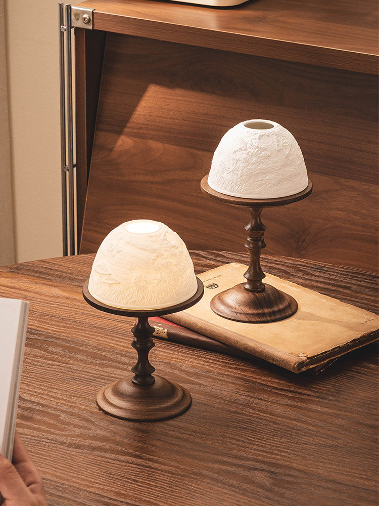 Black Walnut Candle Holder with Embossed Dome Shade, 7.6 Inch Table Decor