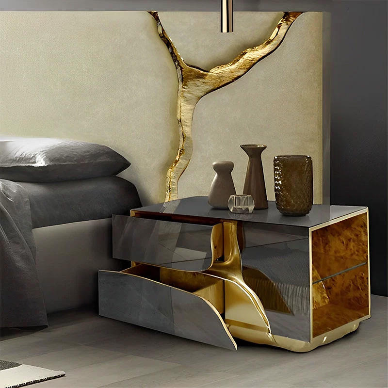 Silver Mirrored Nightstand with Gold Branch Accent for Bedroom