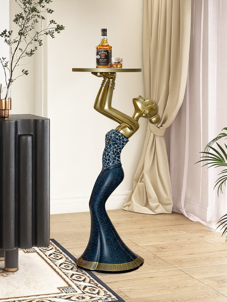 Blue and Antique Gold Resin Woman Statue with Round Display Tray, Standing Lady Floor Sculpture and Decorative Organizer for Entryway, Foyer, Living Room and Office
