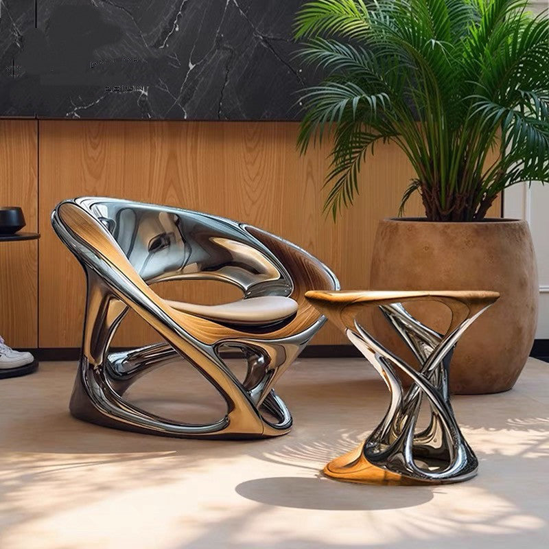 Sculptural Fiberglass Lounge Chair with Matching Side Table, Chrome and Wood Tone Modern Accent Chair Set for Living Room, Bedroom, Office, Hotel Lobby and Luxury Home Decor