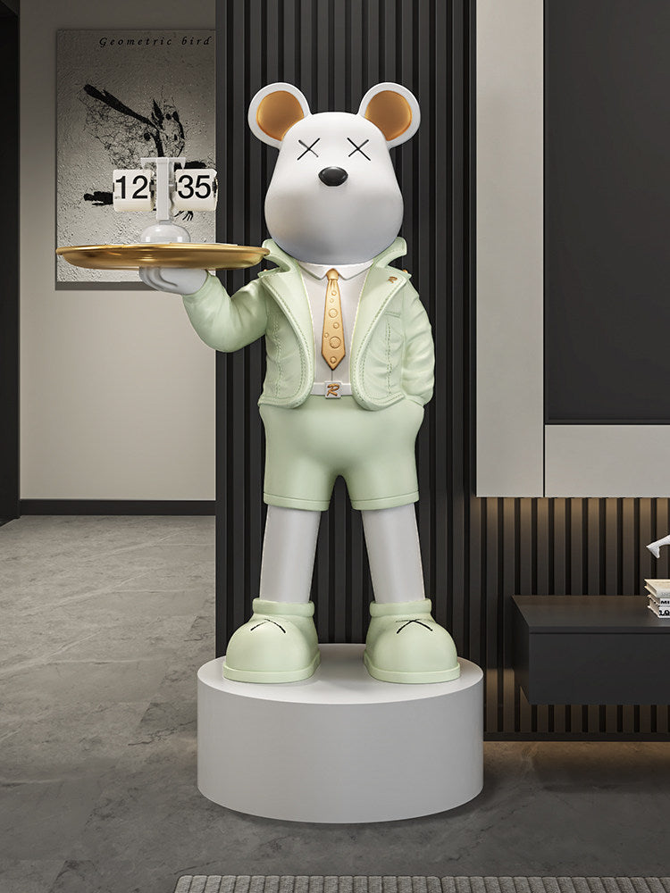 Modern Mouse Butler Statue with Serving Tray, Large Freestanding Decorative Figure for Living Room, Entryway, Office, Bedroom and TV Console, Mint Green