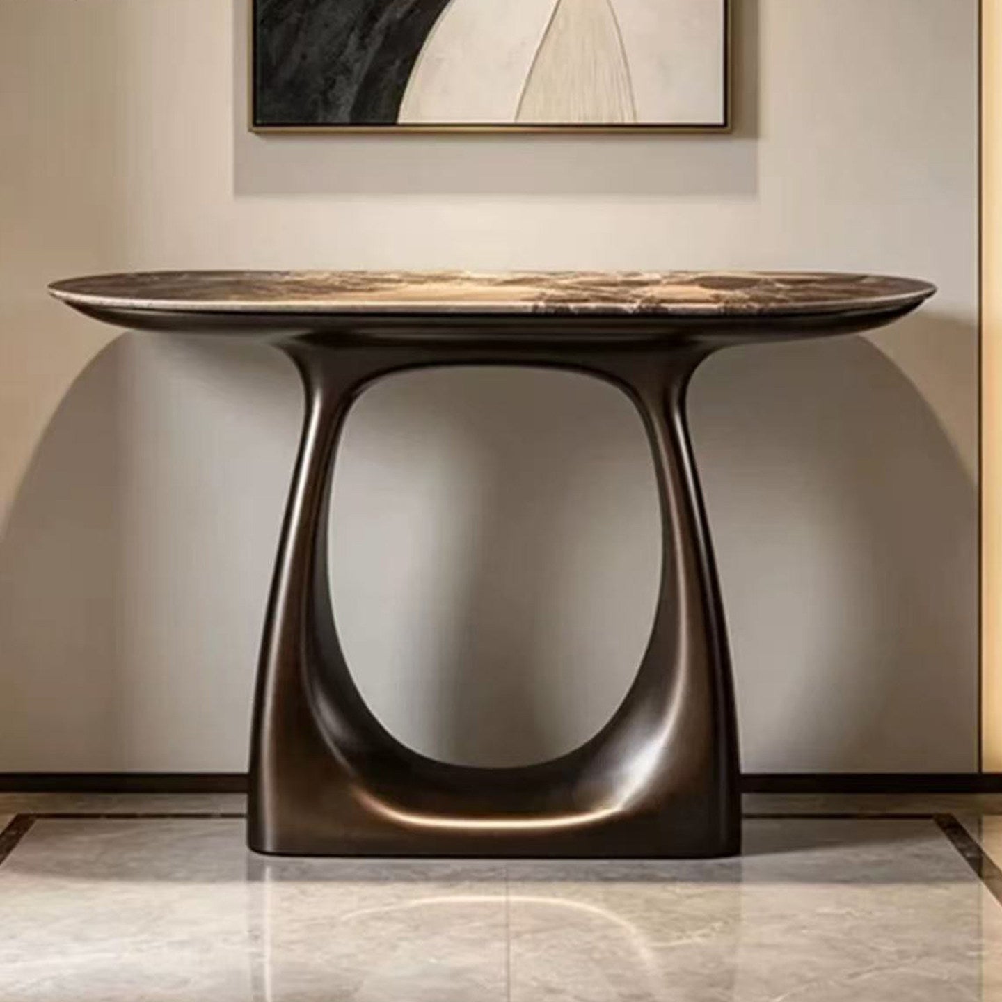 Brown Marble-Look Oval Console Table, Sculptural Bronze Fiberglass Entryway Table, Italian Minimalist Narrow Sofa Table for Foyer, Hallway, Living Room and Hotel Lobby
