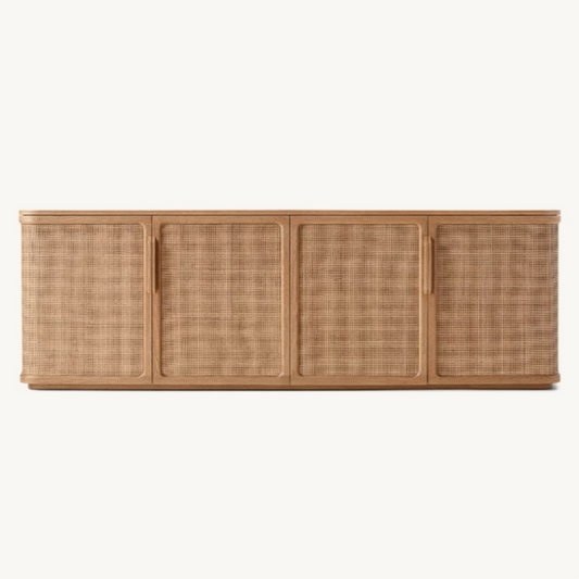 Rattan Door TV Stand, Wood Media Console Cabinet with Cane Woven Doors for Living Room, Sideboard Buffet, Hotel, Villa, Natural Finish