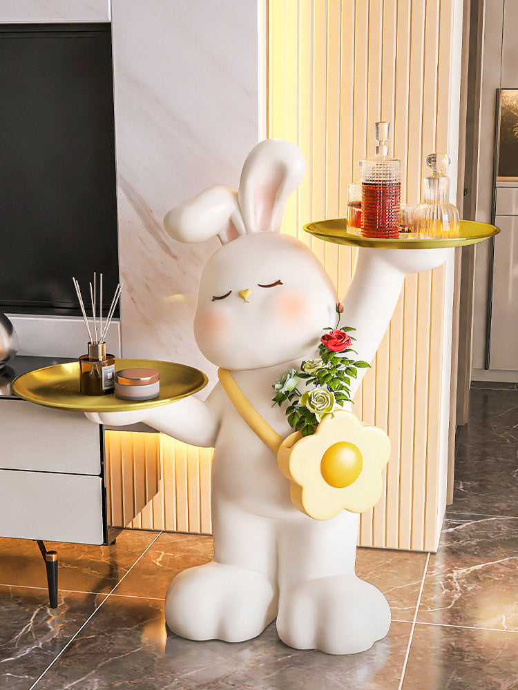 White Resin Rabbit Side Table with Dual Gold Stainless Steel Trays, Cute Sculptural Bunny Accent End Table for Living Room, Bedroom, Nursery, Sofa Side and Small Spaces