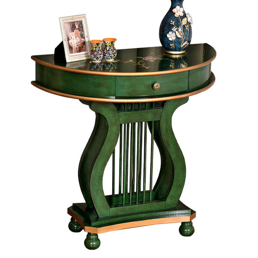 Emerald Green Console Table with Drawer, Harp Base and Gold Accents