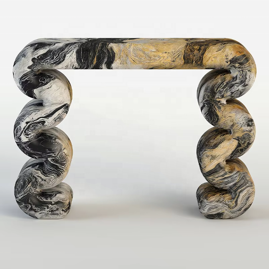 Black Gold Marble Console Table with Sculptural Spiral Legs