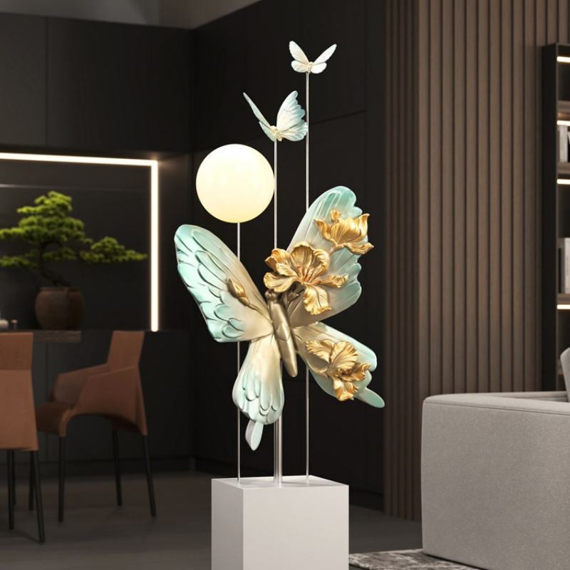 Blue Butterfly Resin Floor Lamp with Glass Globe