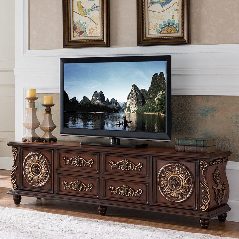 Solid Wood TV Stand with 6 Drawers &amp; 2 Cabinets, Traditional Carved Entertainment Center, Walnut Finish Media Console Cabinet for TVs Up to 80 Inch, Living Room Storage Console