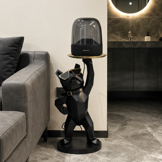 Black Resin French Bulldog Floor Statue with Round Tray, Geometric Dog Side Table Sculpture with Sunglasses for Living Room, Entryway, Bedroom, Office or Housewarming Gift