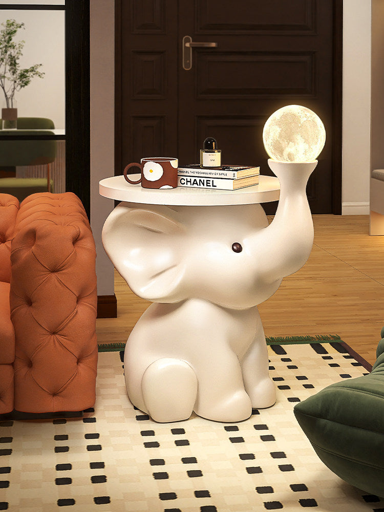 Cream White Resin Elephant Side Table with Round Wood Top and 3-Color Touch Moon Night Light, Modern Cute Accent End Table for Living Room, Bedroom, Nursery and Sofa Side