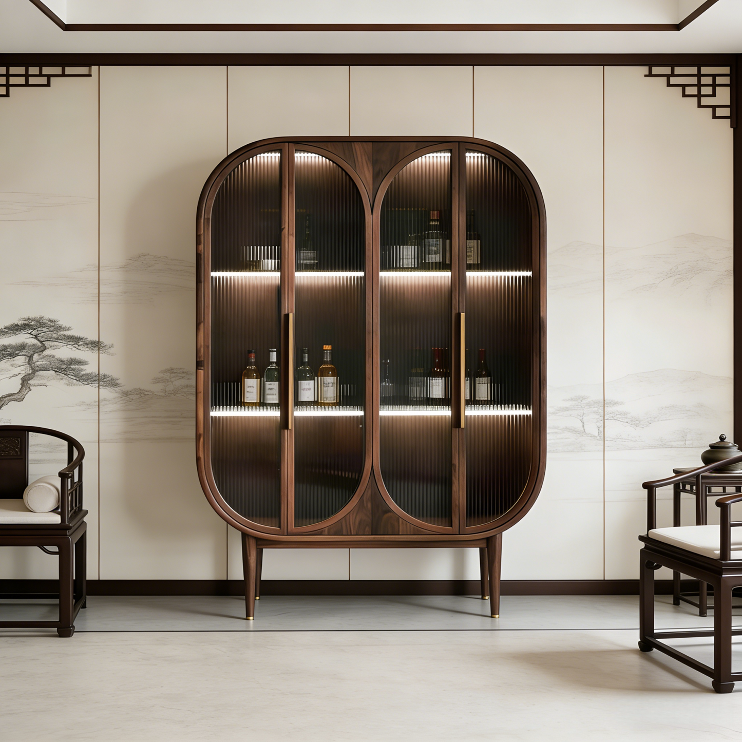 Ash Wood Liquor Cabinet with Fluted Glass Doors and LED Display Shelves