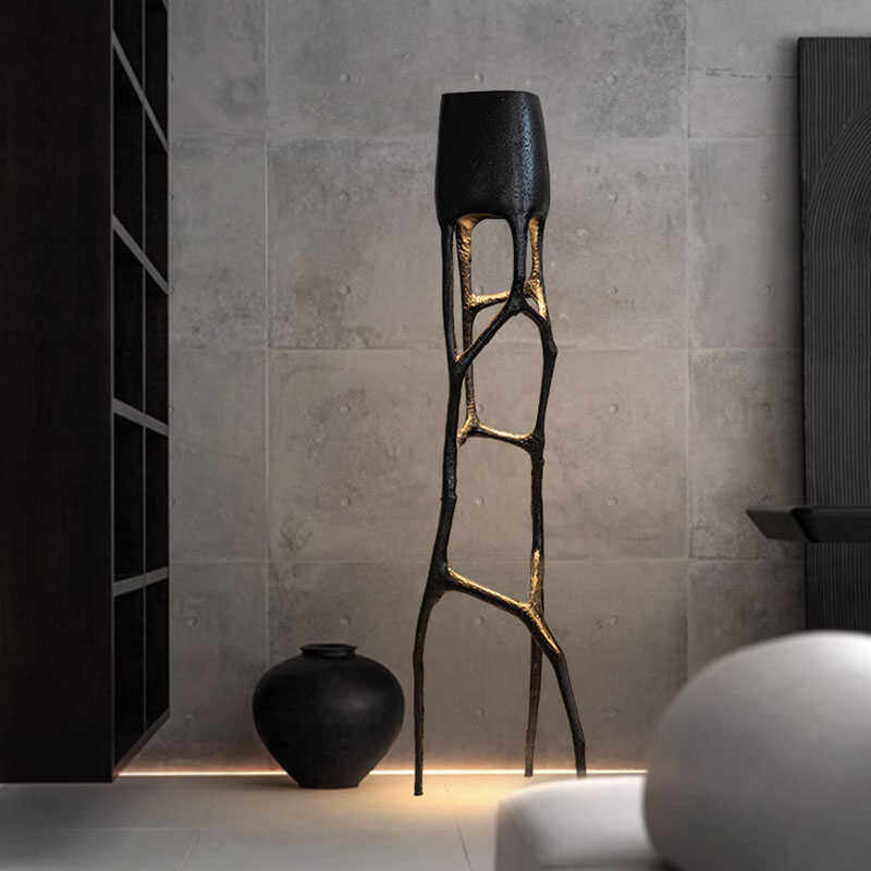 Modern Sculptural LED Floor Lamp, Tree Hollow Standing Light with Integrated Warm Ambient Glow and Matte Black Fiberglass Body for Living Room, Hotel Lobby or Showroom