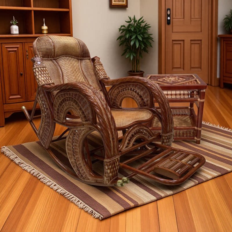 Natural Rattan Rocking Chair with Footrest, High Back Reclining Lounge Seat