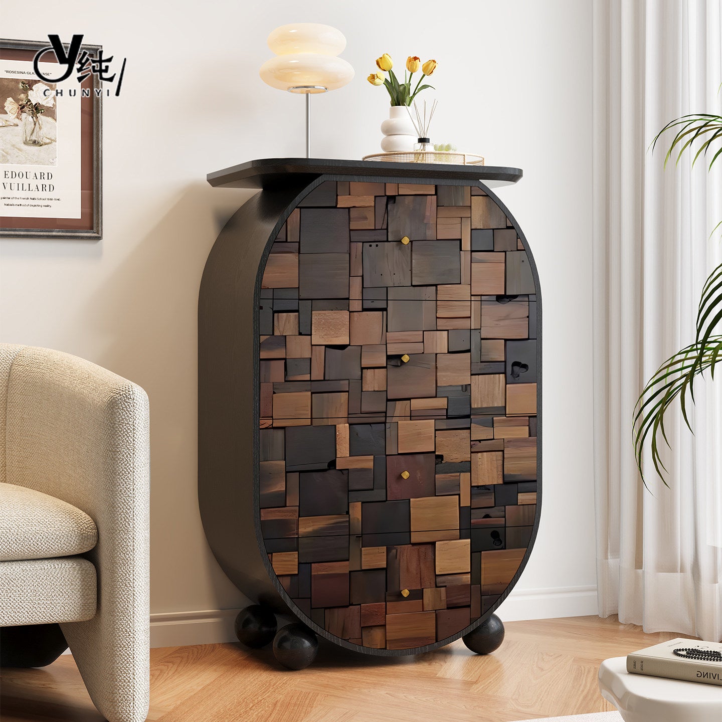 Abstract Geometric Solid Pine Storage Cabinet with 4 Drawers, Modern Oval Accent Chest, Black Finish