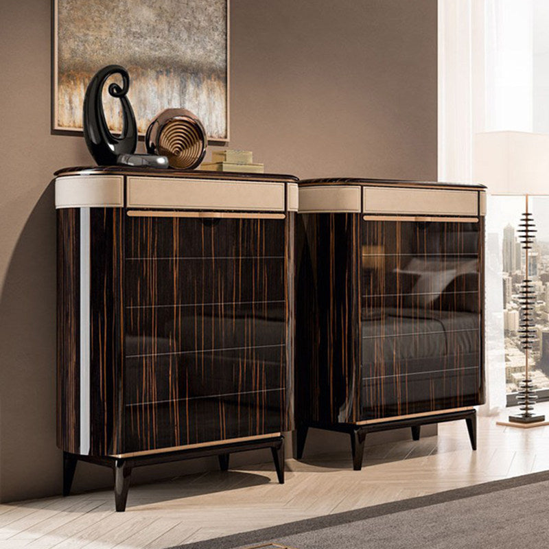 Dark Brown 6-Drawer Chest with Glossy Wood Grain and Metal Legs