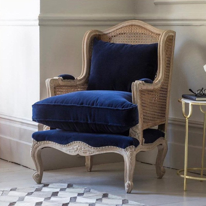 French Country Wingback Accent Chair – Luxury Solid Wood Cane Back Velvet Lounge Chair for Living Room, Bedroom & Reading Nook