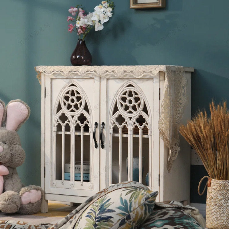 Ivory Wood Storage Cabinet with Gothic Glass Doors, 2-Door Sideboard