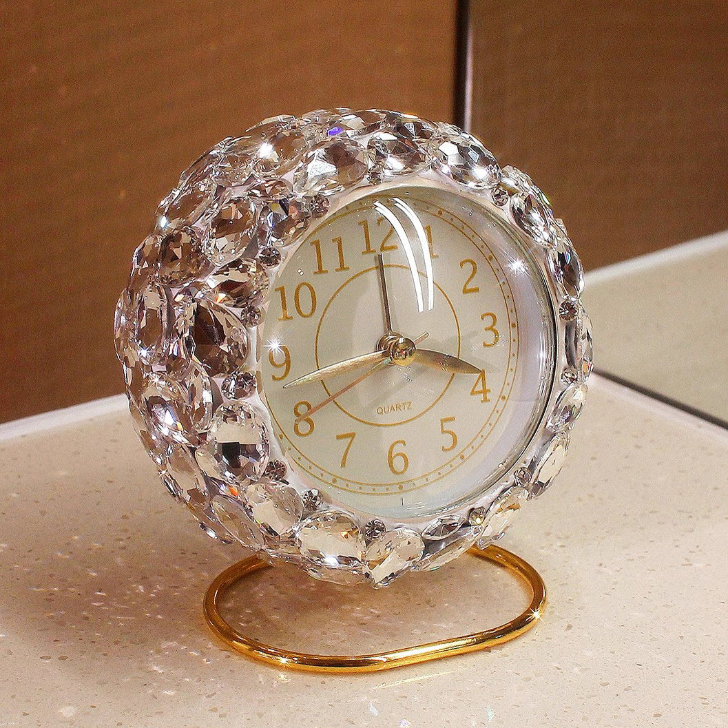 White Rhinestone Analog Alarm Clock for Bedroom Desk Decor