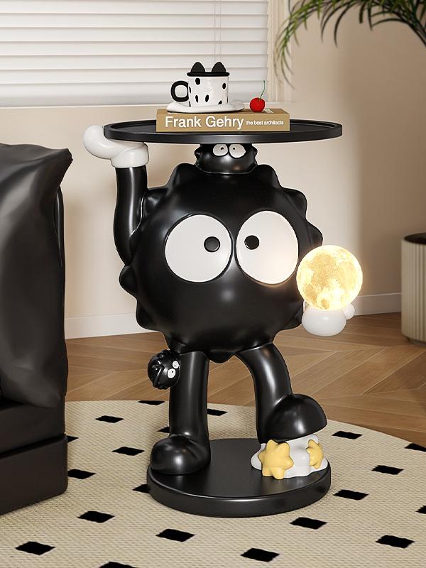 Black Resin Cartoon Character Floor Lamp Side Table with Round Wood Tray and Illuminated Moon Globe, Sculptural Bedside End Table for Living Room and Bedroom
