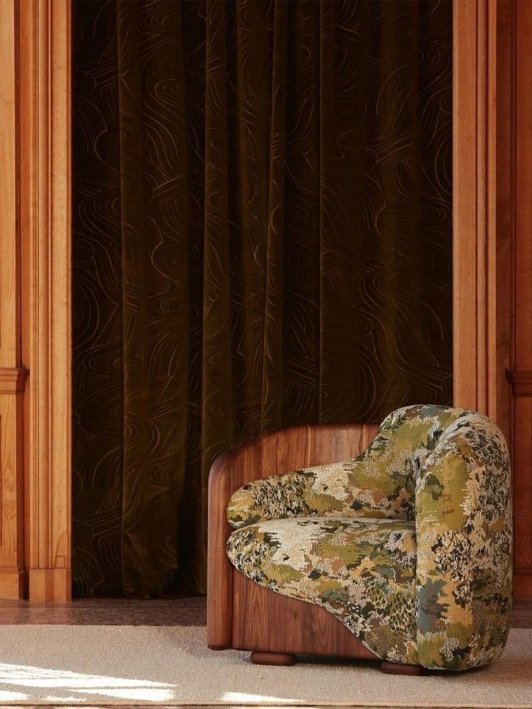 Solid Ash Wood Accent Chair with Floral Jacquard Upholstery, Brown