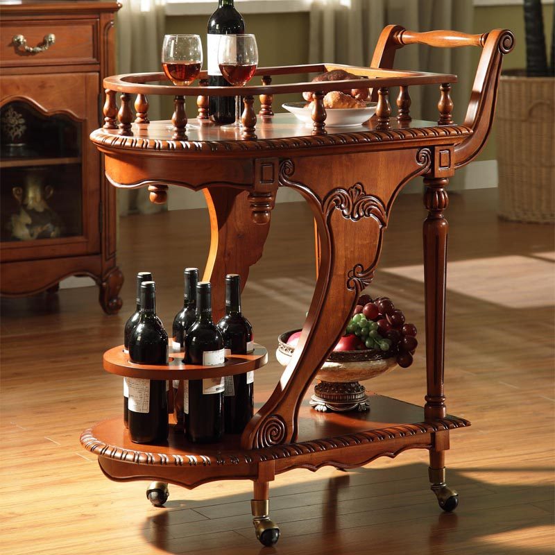 Solid Wood Bar Cart with Wine Storage, Serving Tray and Locking Wheels