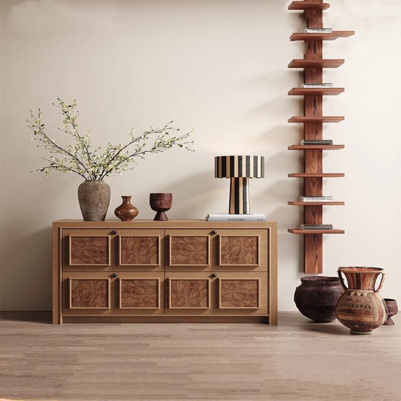 Natural Wood 4 Drawer Dresser Cabinet, Scandinavian Style Solid Wood Storage Chest, Low Sideboard Cabinet for Bedroom, Living Room, Entryway, Hallway, Closet, and Home Organization