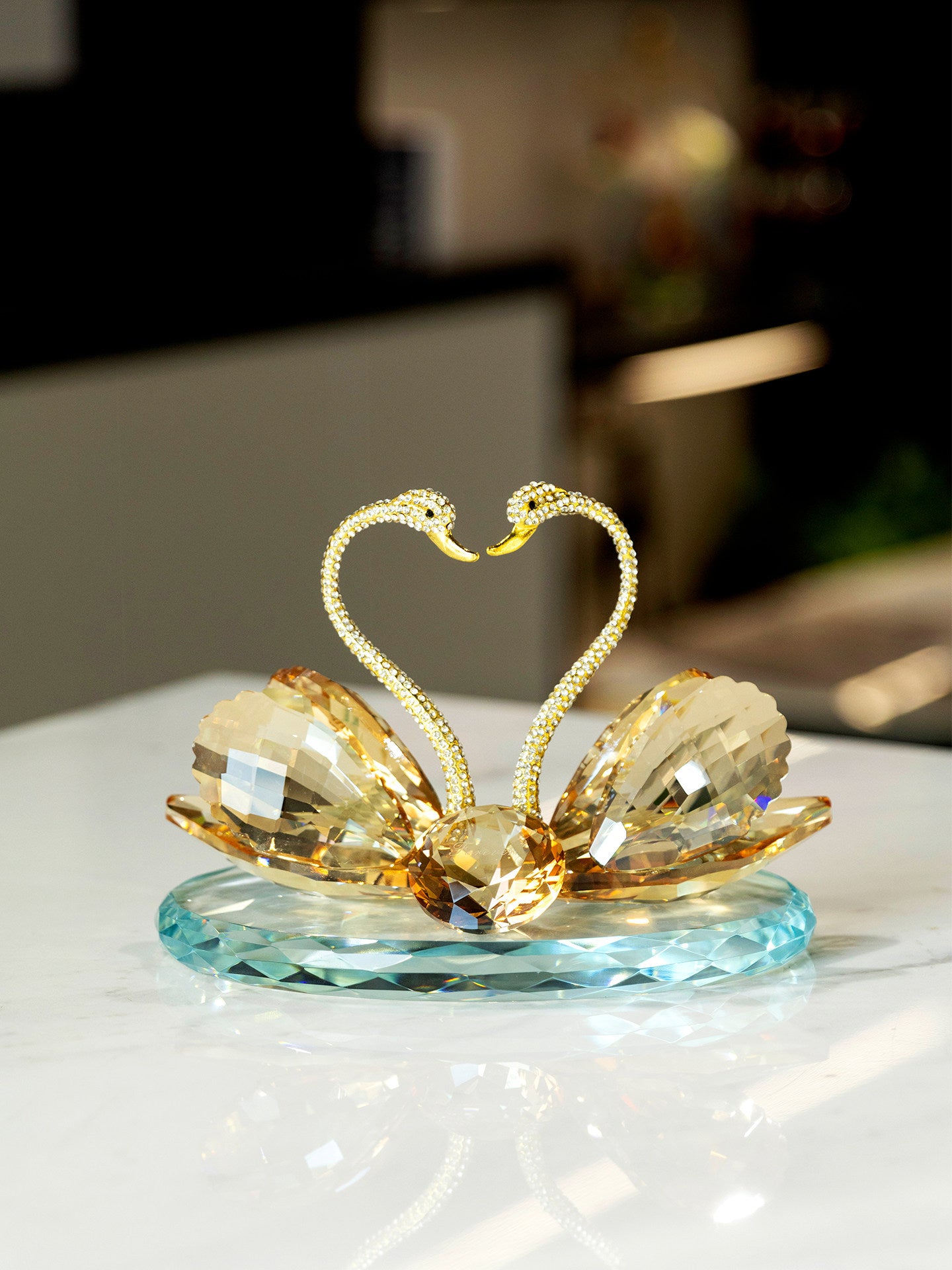 Champagne Crystal Swan Couple Figurine, Gold Heart Tabletop Sculpture