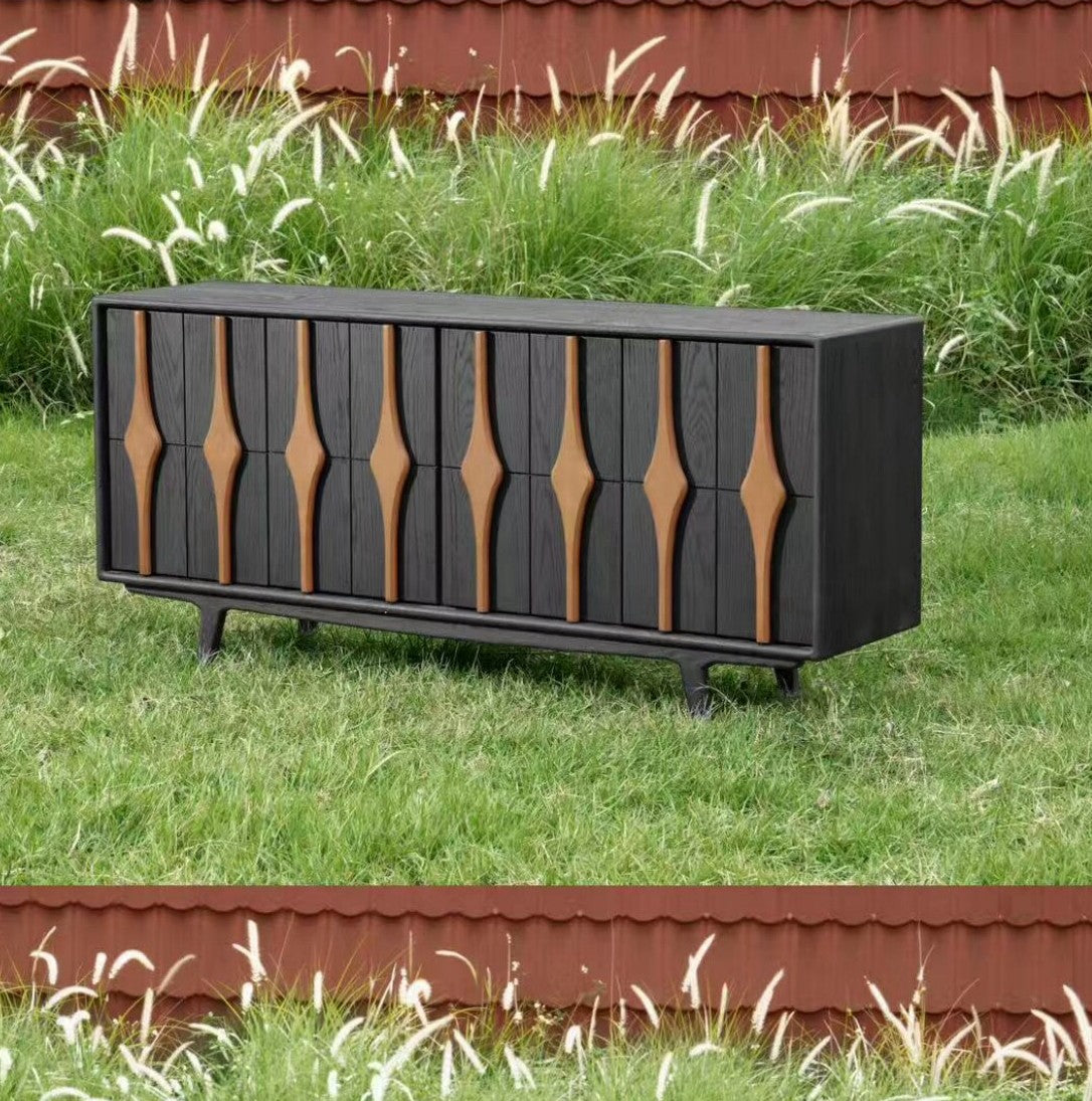 Black and Natural Wood Sideboard Cabinet, Modern Solid Wood Buffet Credenza with Vertical Accent Door Fronts, Dining Room Storage Cabinet for Living Room, Entryway and Hallway