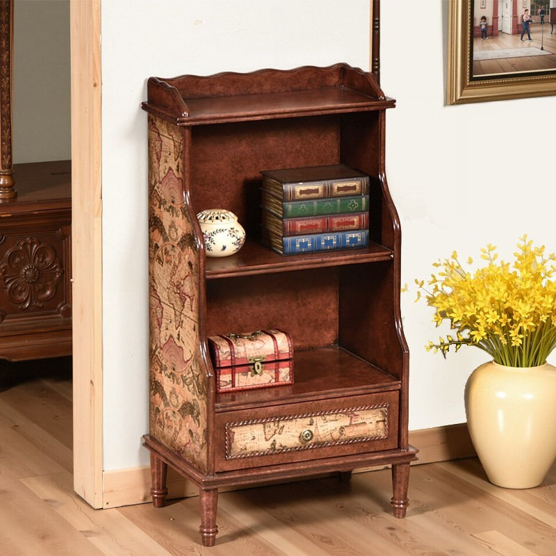 Brown Solid Wood Narrow Bookcase with Drawer and Map Print
