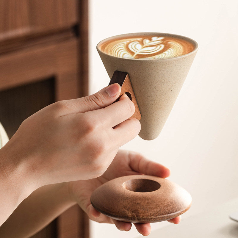 Ceramic Coffee Cup with Acacia Wood Handle and Saucer, 8.5 oz Beige Mug