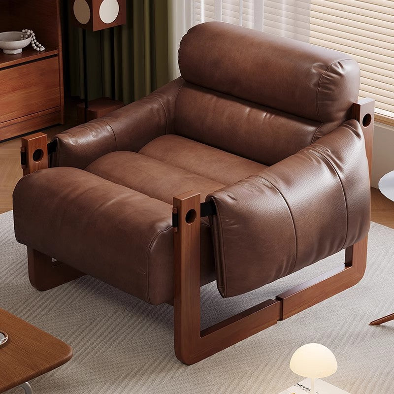Mid-Century Solid Wood Accent Chair, Vintage Brown Oil Wax Leather Armchair, Upholstered Lounge Chair with Solid Wood Frame for Living Room, Reading Room, Bedroom &amp; Office