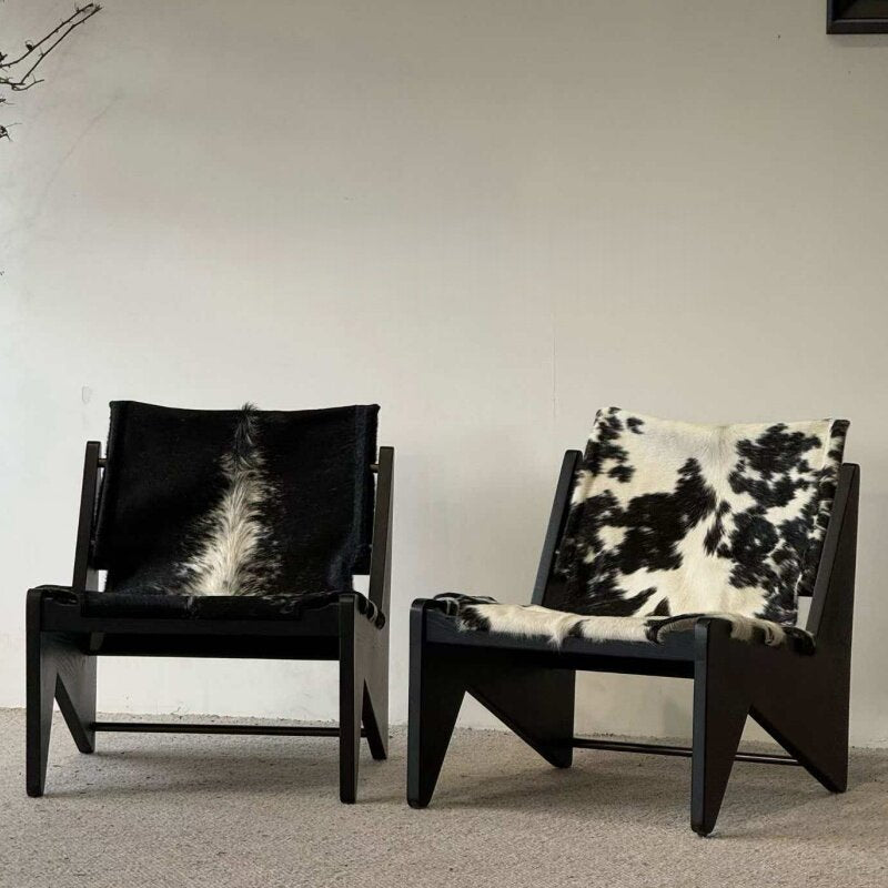 Cowhide Accent Chair with Black Solid Wood Frame, Modern Lounge Chair