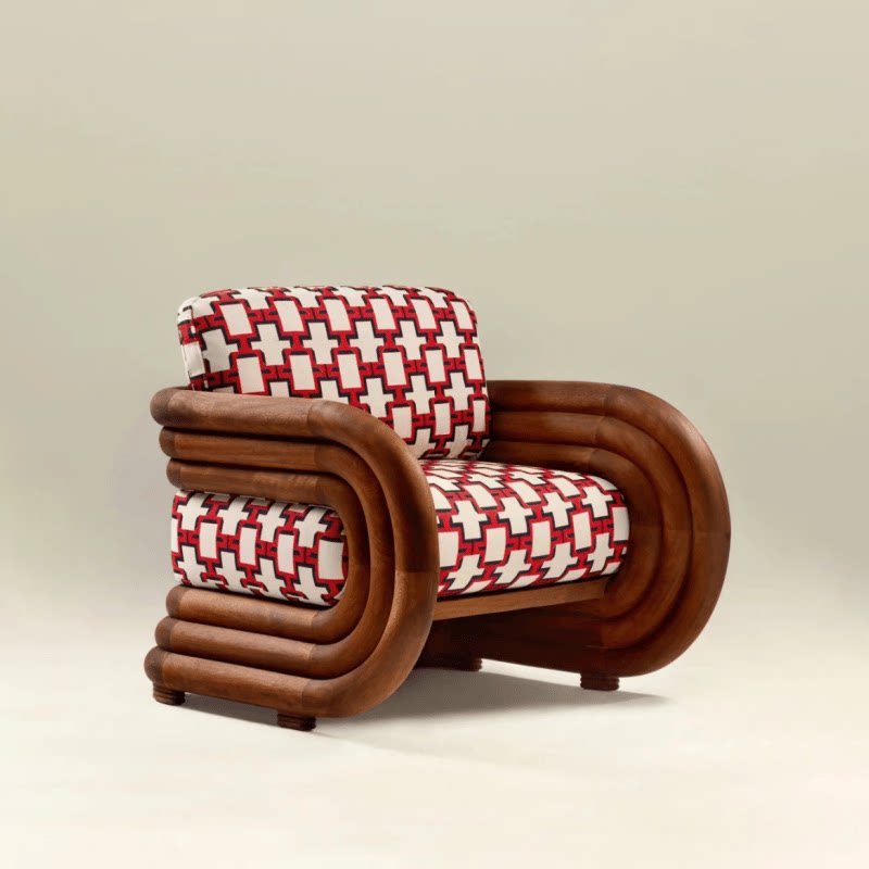 Modern Geometric Fabric Accent Chair with Solid Wood Arms, Red