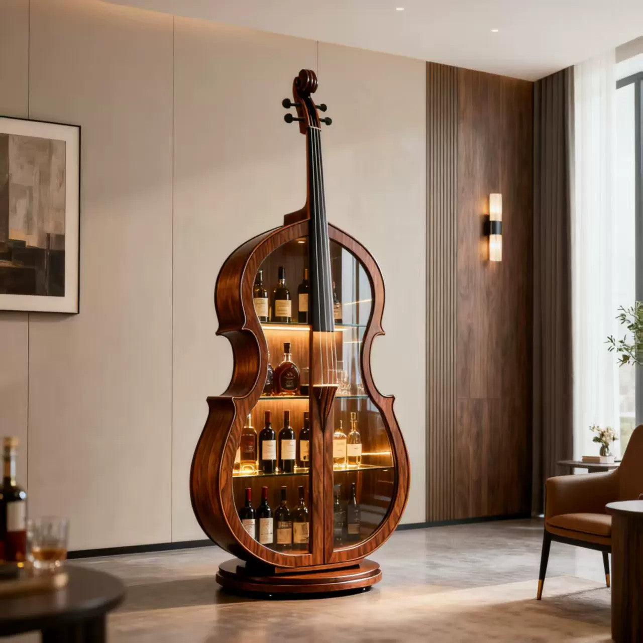 Rotating Cello Shaped Liquor Cabinet, Ash Wood Glass Door Bar Storage