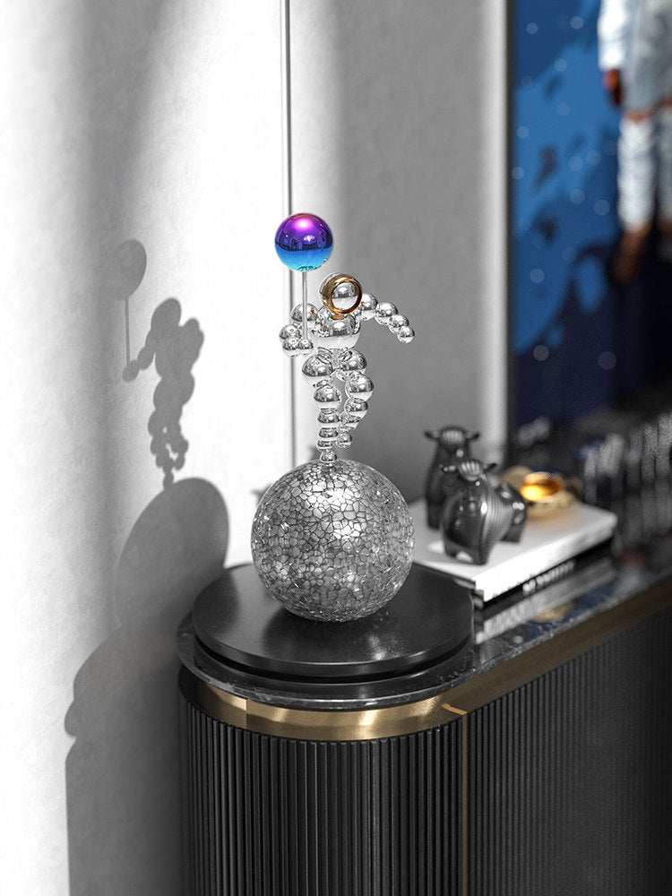 Astronaut Metal Sculpture with Moon Base, Modern Space Desk Decor
